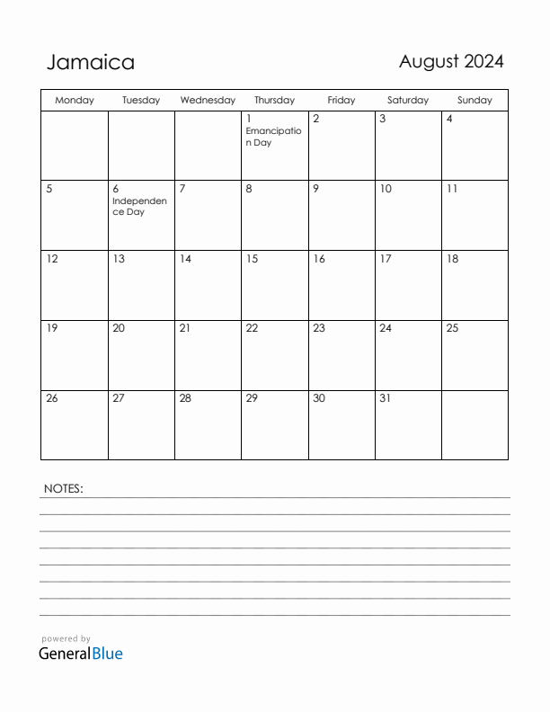 August 2024 Jamaica Calendar with Holidays (Monday Start)