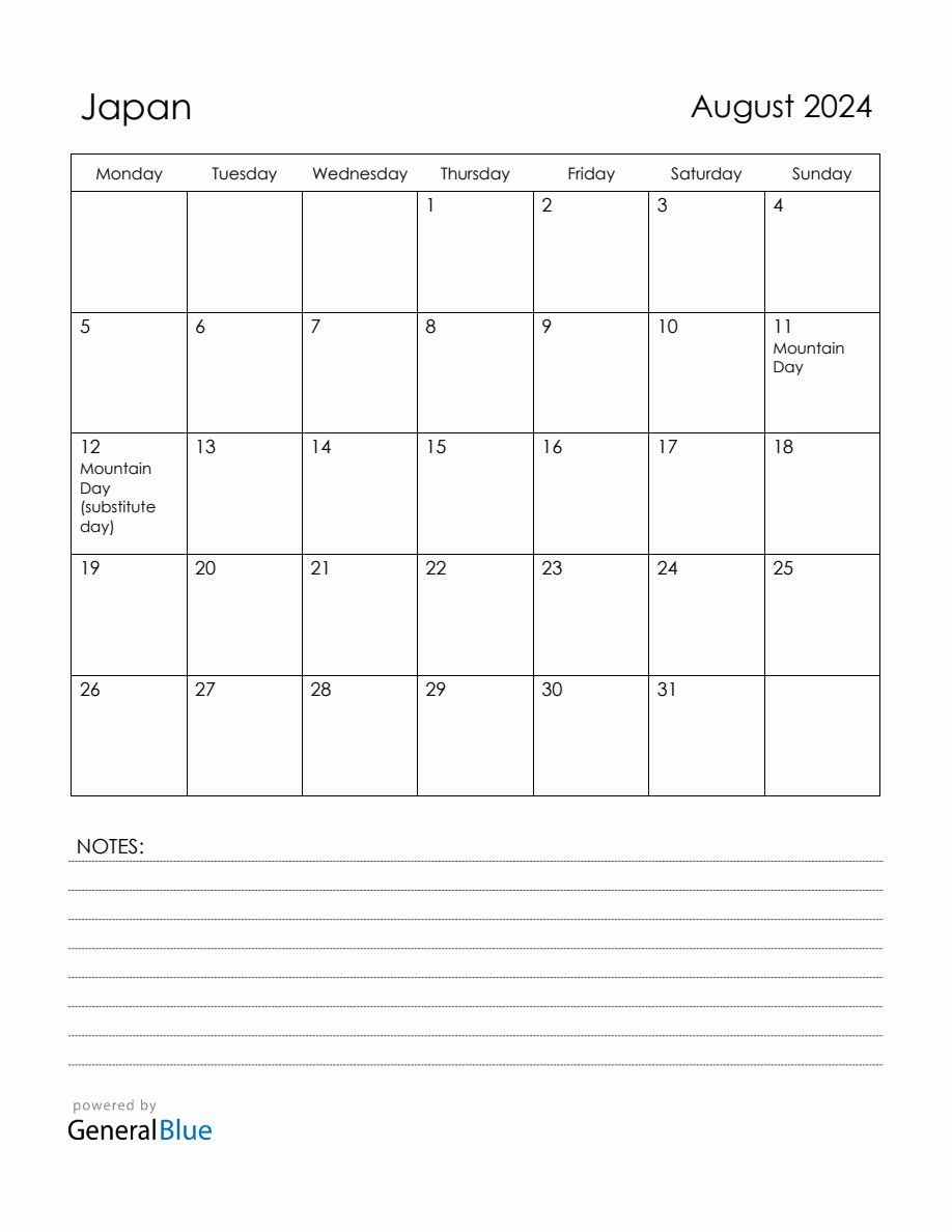 August 2024 Japan Calendar with Holidays