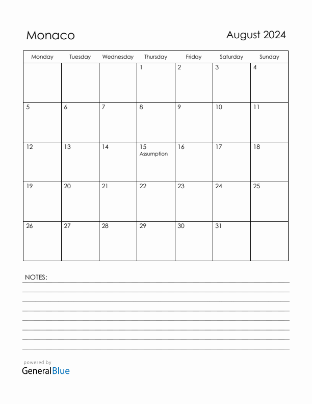 August 2024 Monaco Calendar with Holidays (Monday Start)