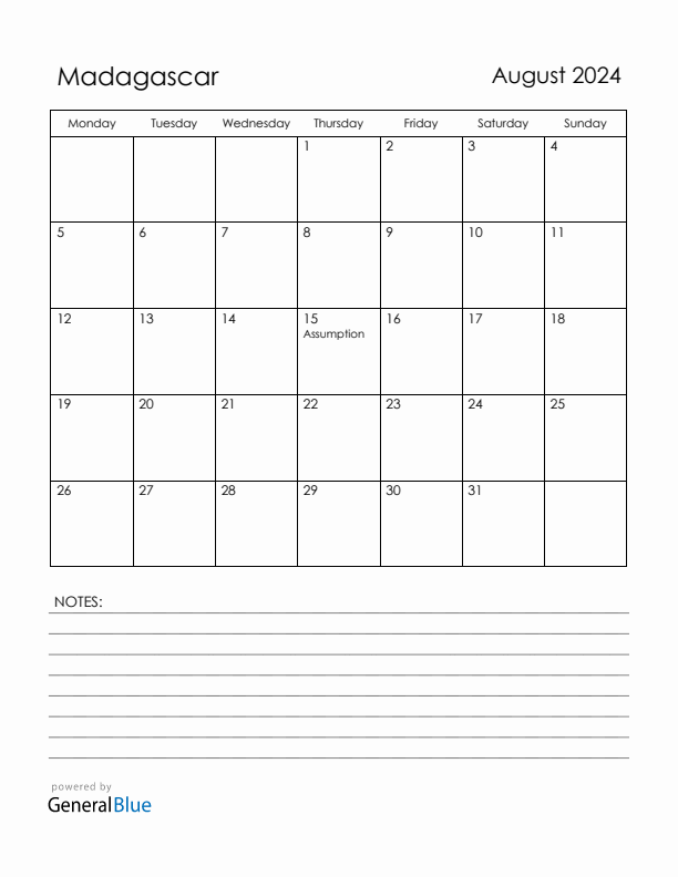 August 2024 Madagascar Calendar with Holidays (Monday Start)