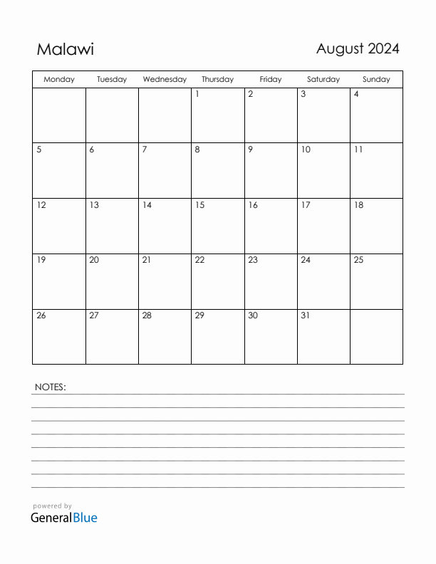 August 2024 Malawi Calendar with Holidays (Monday Start)