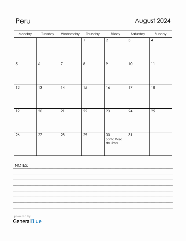 August 2024 Peru Calendar with Holidays (Monday Start)