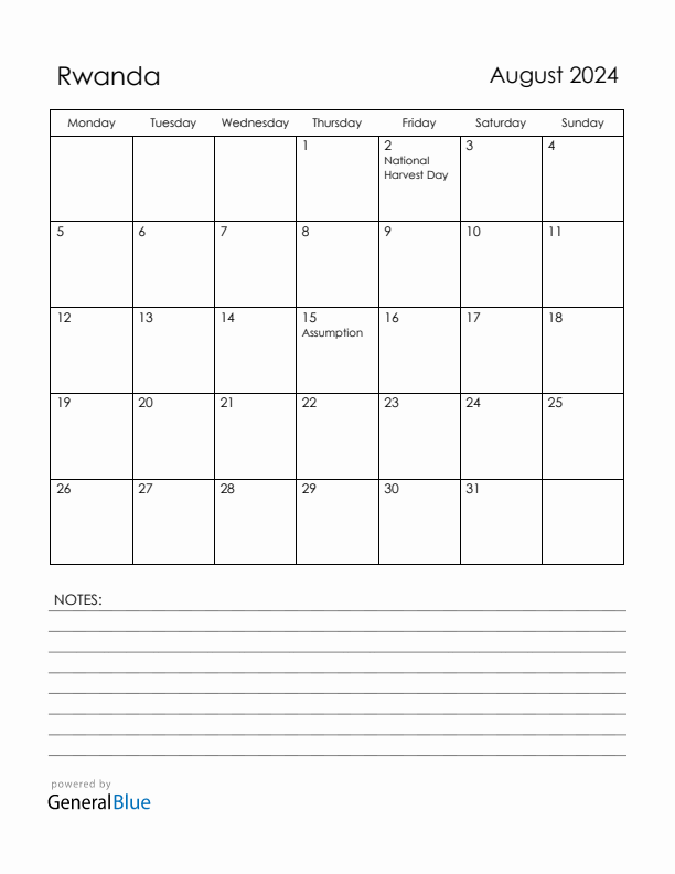 August 2024 Rwanda Calendar with Holidays (Monday Start)
