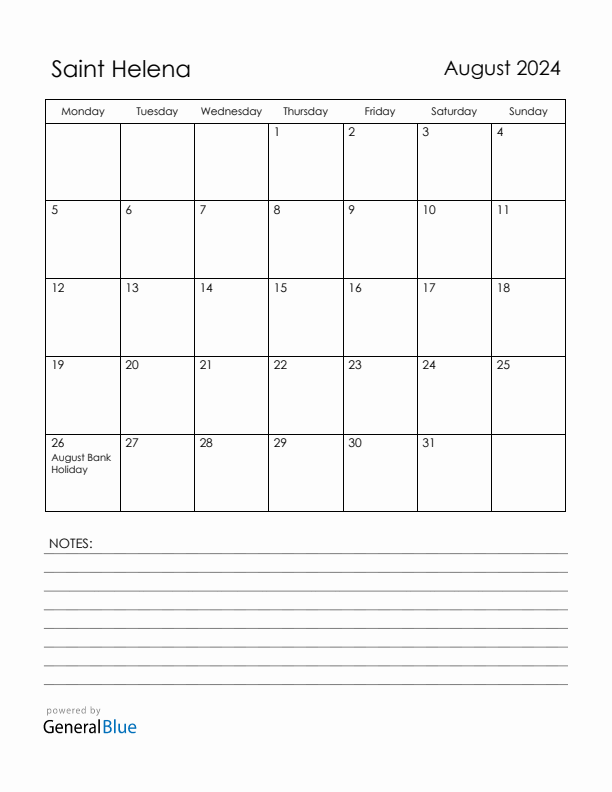 August 2024 Saint Helena Calendar with Holidays (Monday Start)