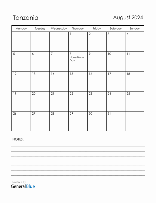 August 2024 Tanzania Calendar with Holidays (Monday Start)