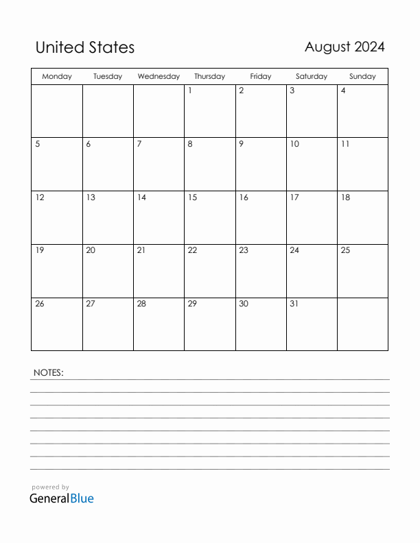 August 2024 United States Calendar with Holidays (Monday Start)