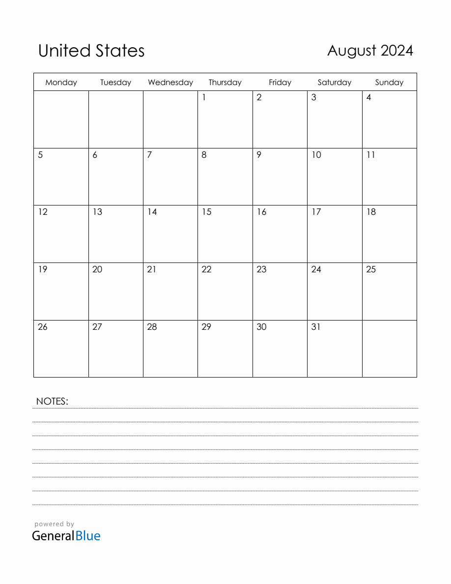 August 2024 United States Calendar with Holidays