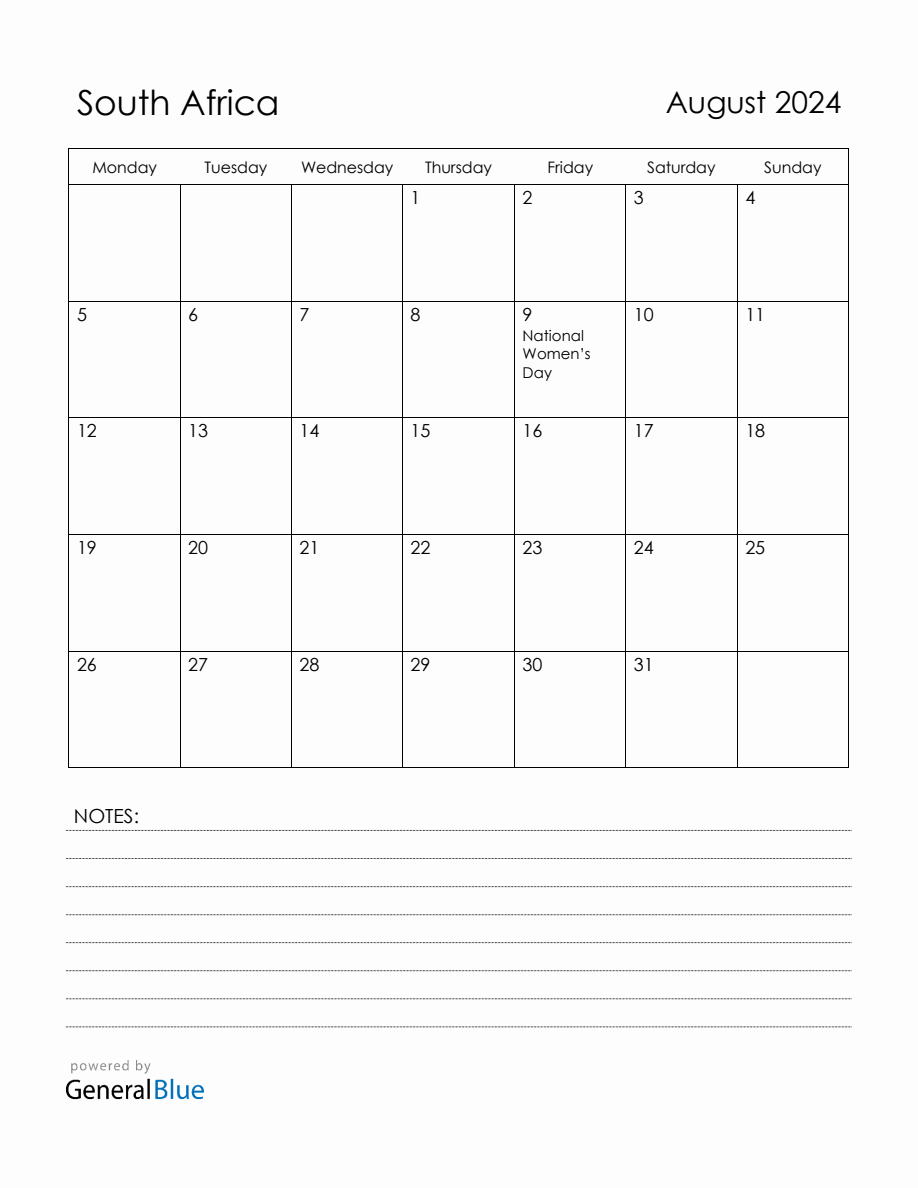 August 2024 South Africa Calendar with Holidays