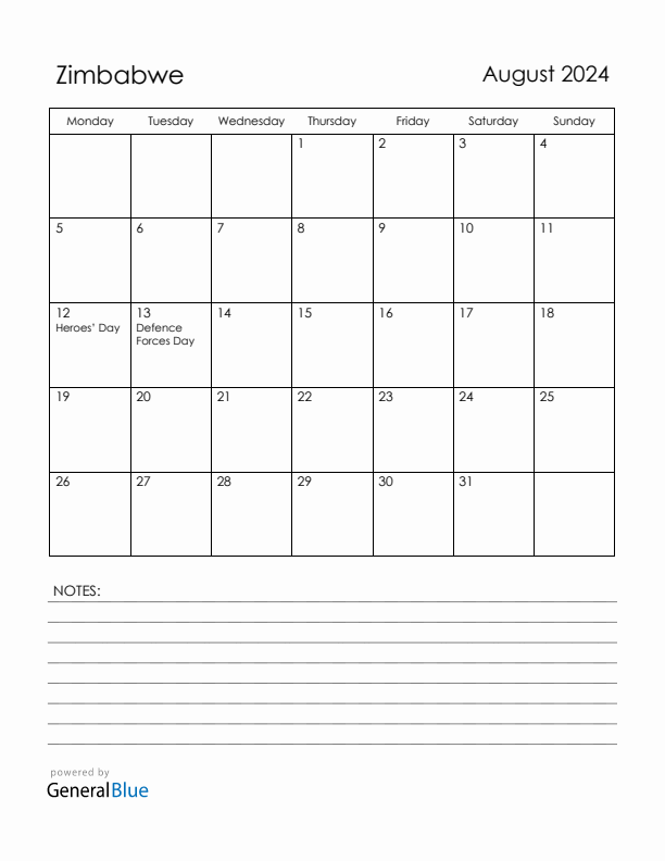 August 2024 Zimbabwe Calendar with Holidays (Monday Start)