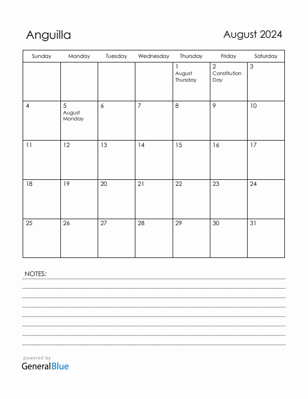 August 2024 Anguilla Calendar with Holidays (Sunday Start)