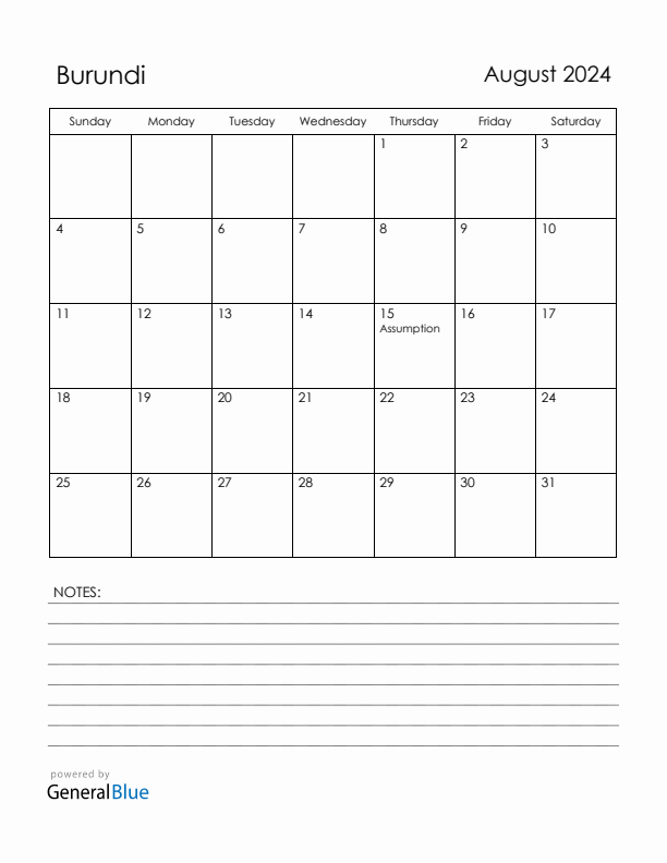 August 2024 Burundi Calendar with Holidays (Sunday Start)
