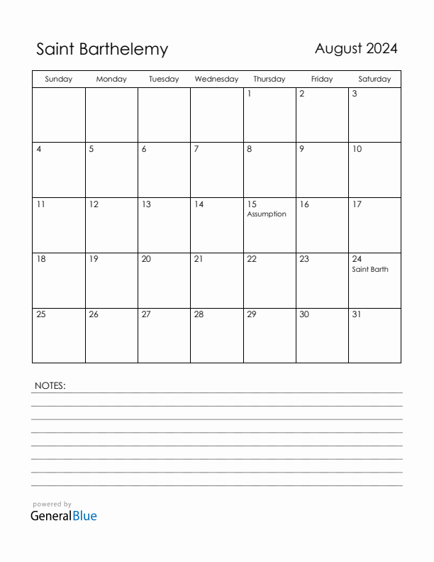 August 2024 Saint Barthelemy Calendar with Holidays (Sunday Start)