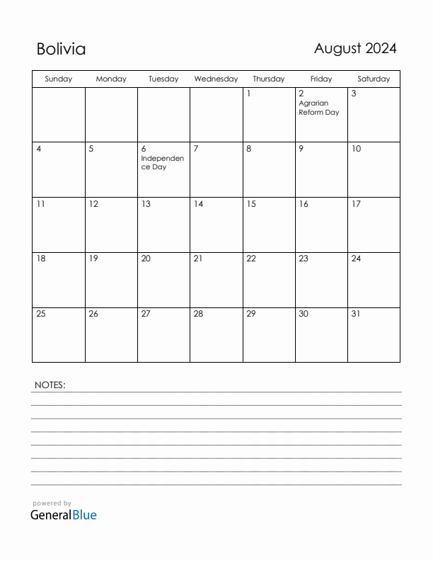 August 2024 Bolivia Calendar with Holidays (Sunday Start)