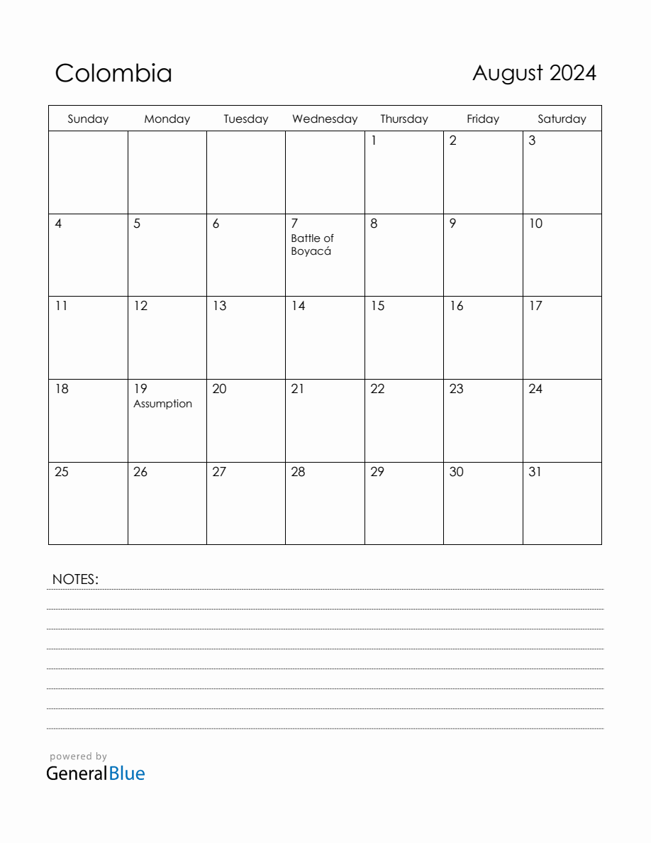 August 2024 Colombia Calendar with Holidays