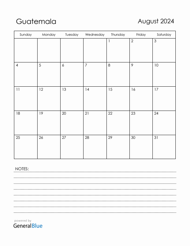 August 2024 Guatemala Calendar with Holidays (Sunday Start)