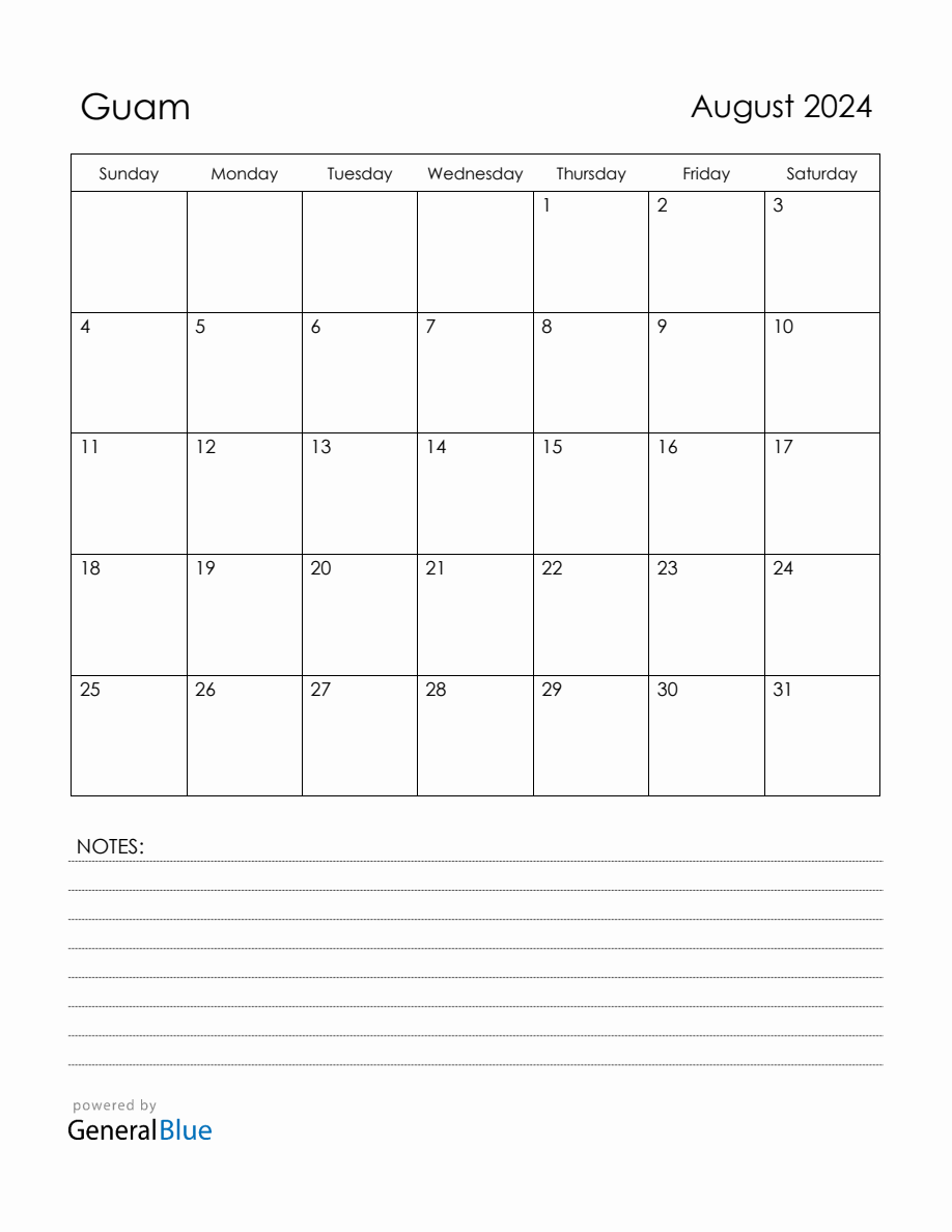 August 2024 Guam Calendar with Holidays