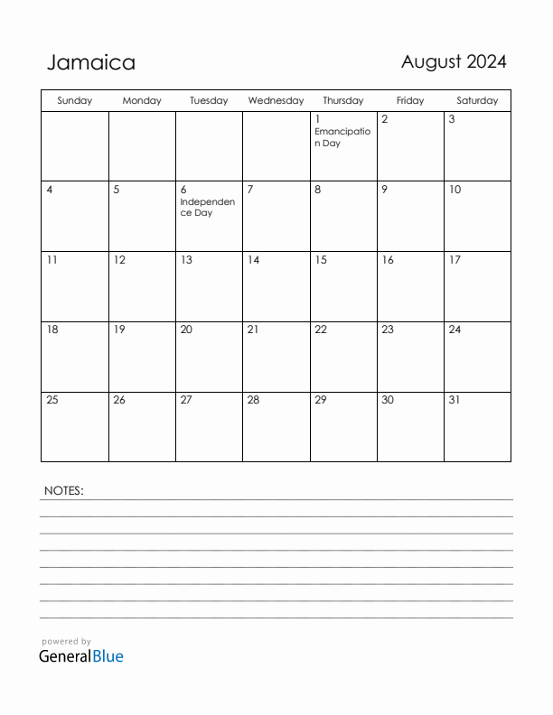 August 2024 Jamaica Calendar with Holidays (Sunday Start)