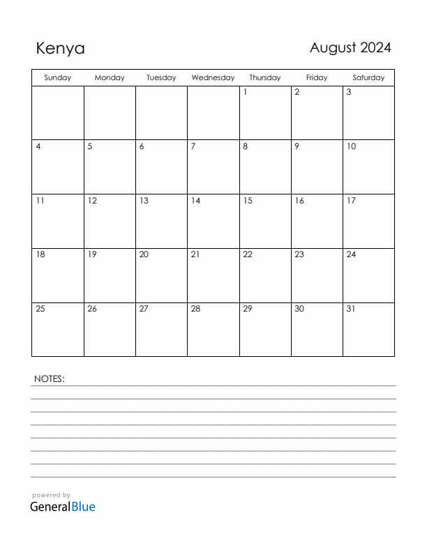 August 2024 Kenya Calendar with Holidays (Sunday Start)