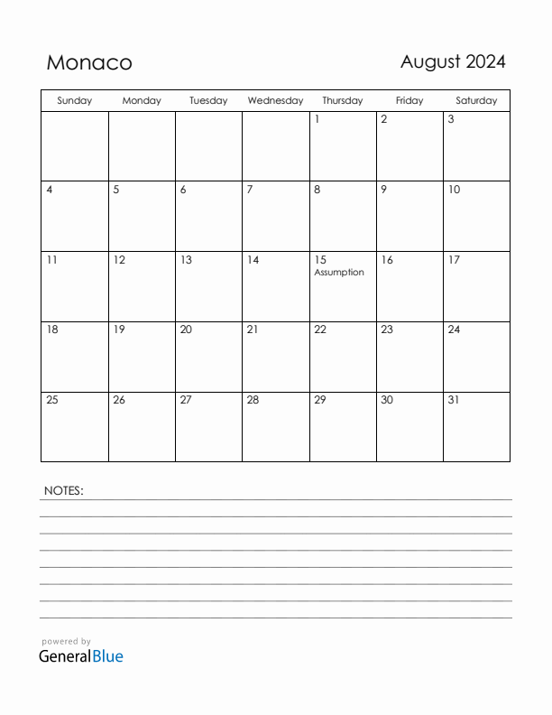 August 2024 Monaco Calendar with Holidays (Sunday Start)