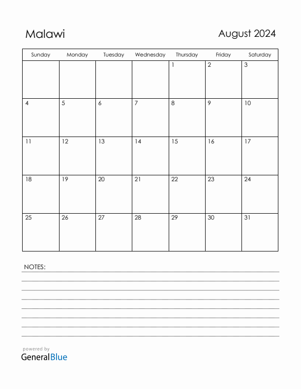 August 2024 Malawi Calendar with Holidays (Sunday Start)