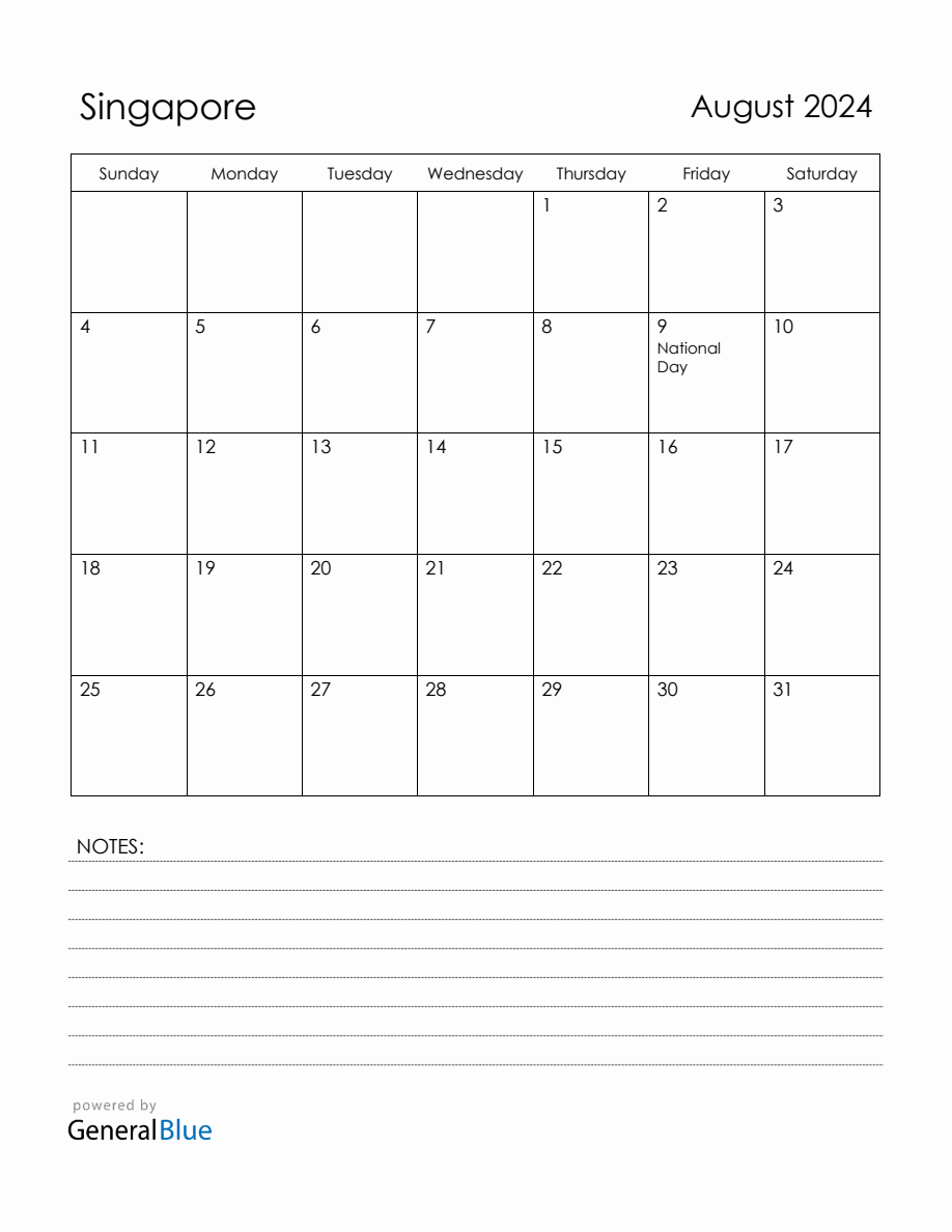 August 2024 Singapore Calendar with Holidays