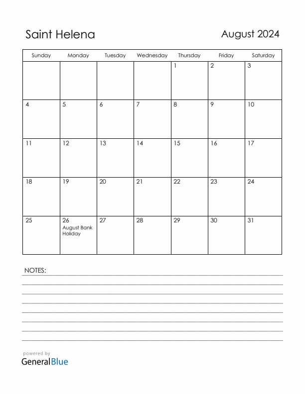 August 2024 Saint Helena Calendar with Holidays (Sunday Start)