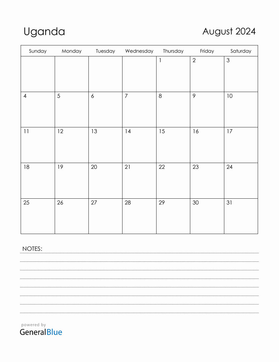 August 2024 Uganda Calendar with Holidays