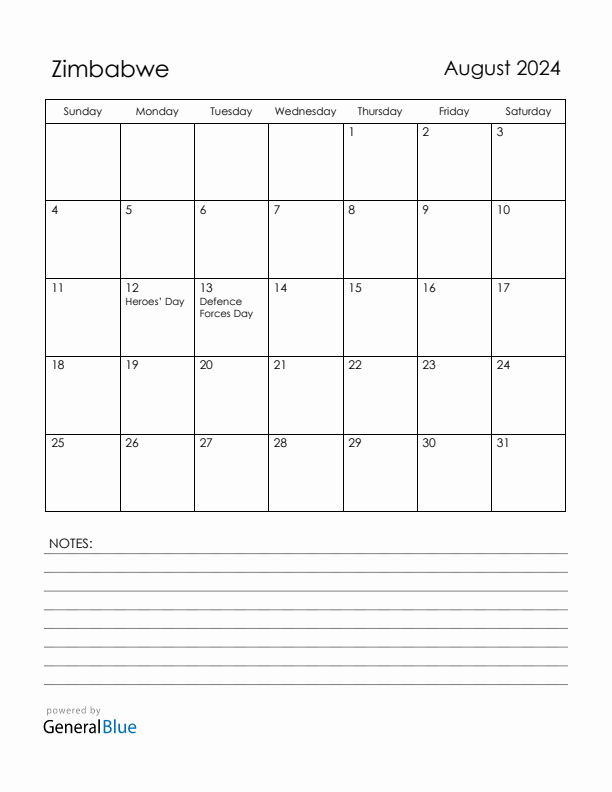 August 2024 Zimbabwe Calendar with Holidays (Sunday Start)