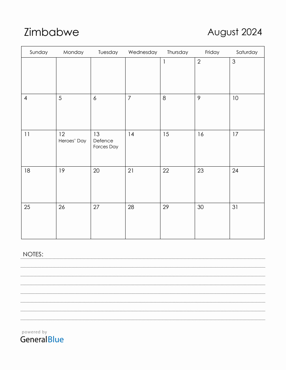 August 2024 Zimbabwe Calendar with Holidays