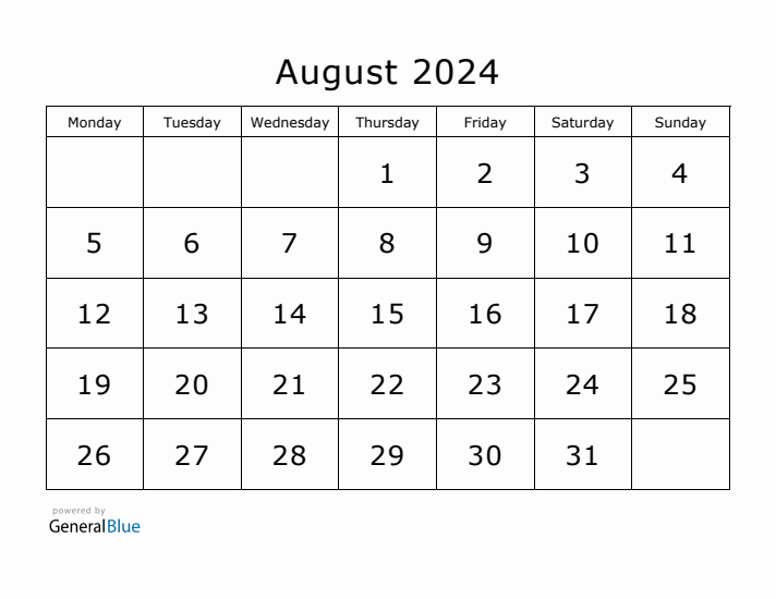 August 2024 Monthly Calendar Templates with Monday start