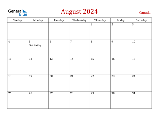 Canada August 2024 Calendar