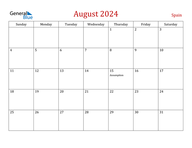 Spain August 2024 Calendar