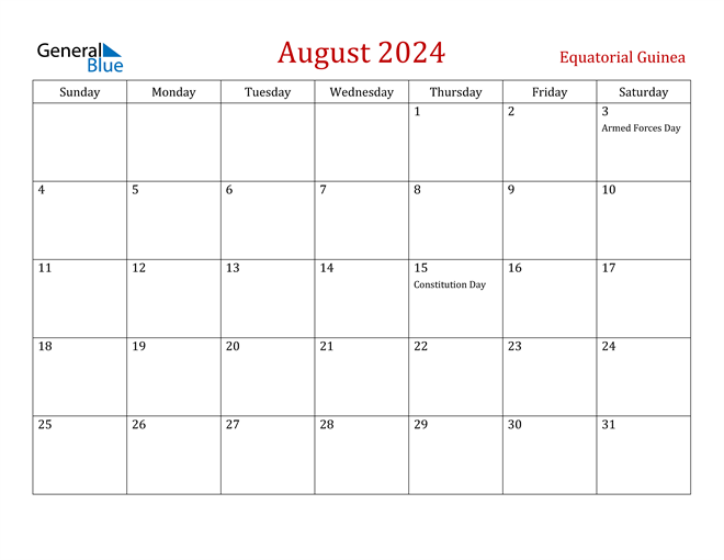Equatorial Guinea August 2024 Calendar