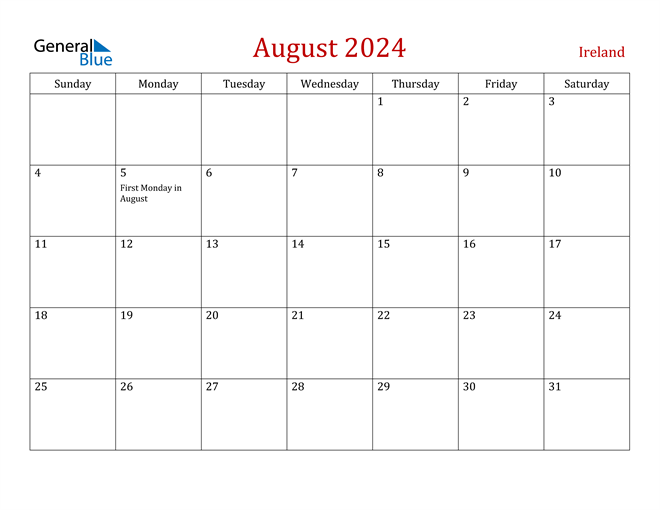 Ireland August 2024 Calendar