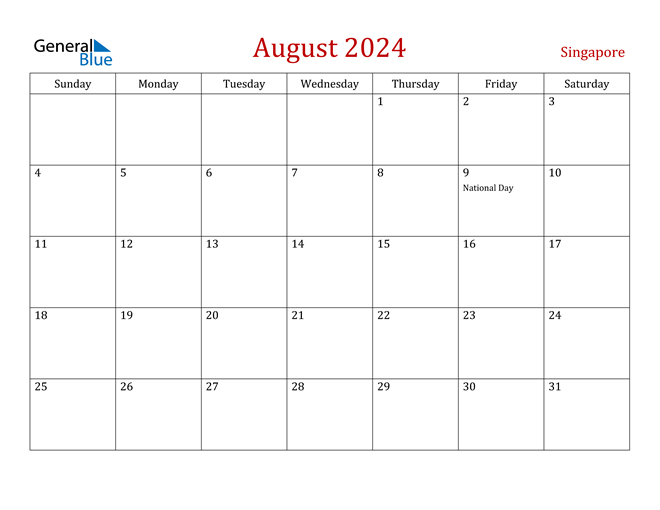 August 2024 Calendar with Singapore Holidays