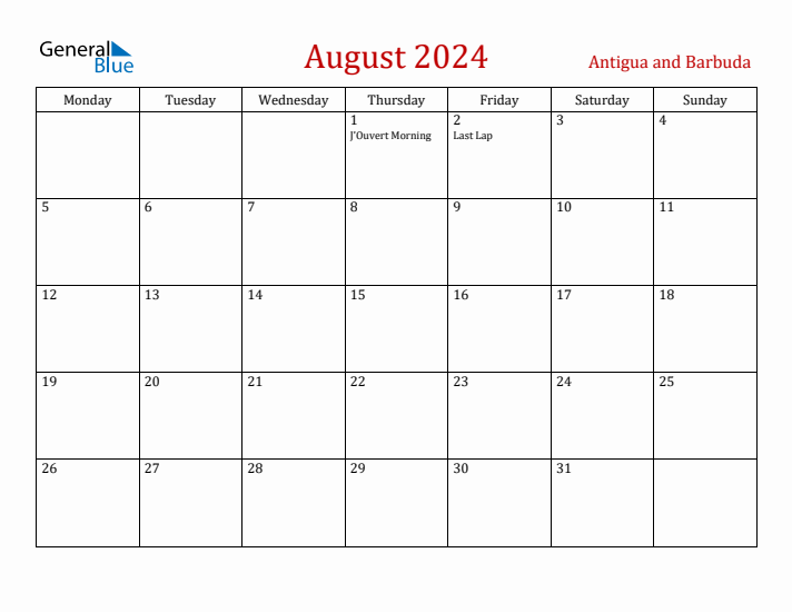 Antigua and Barbuda August 2024 Calendar - Monday Start