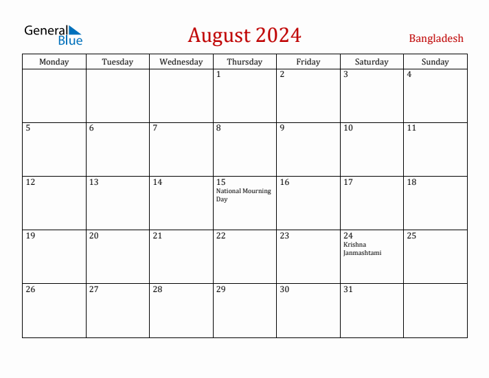 August 2024 Bangladesh Monthly Calendar with Holidays