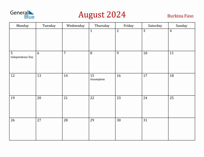 Burkina Faso August 2024 Calendar - Monday Start