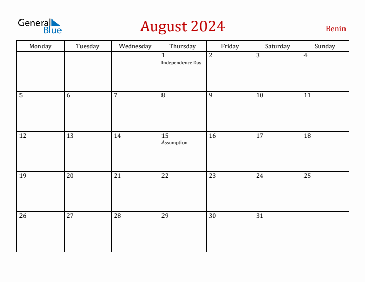 Benin August 2024 Calendar - Monday Start