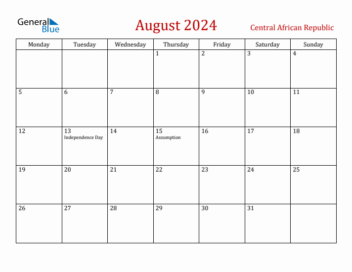 Central African Republic August 2024 Calendar - Monday Start