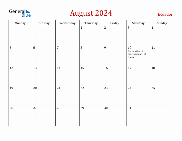 Ecuador August 2024 Calendar - Monday Start