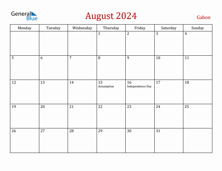 Gabon August 2024 Calendar - Monday Start