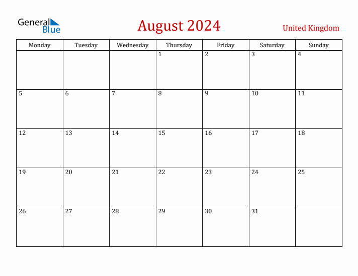 United Kingdom August 2024 Calendar - Monday Start