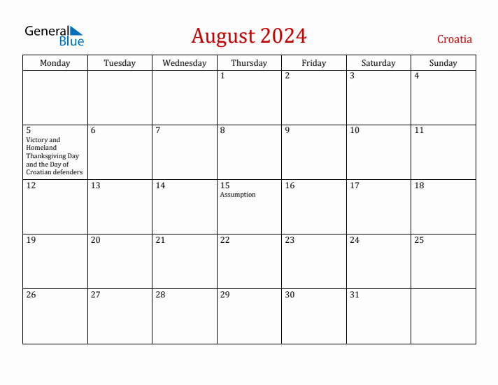 Croatia August 2024 Calendar - Monday Start