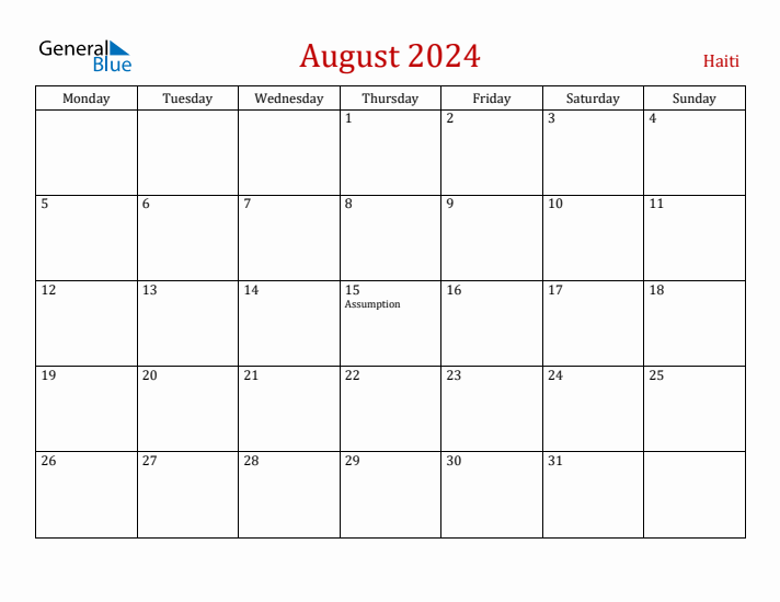 Haiti August 2024 Calendar - Monday Start