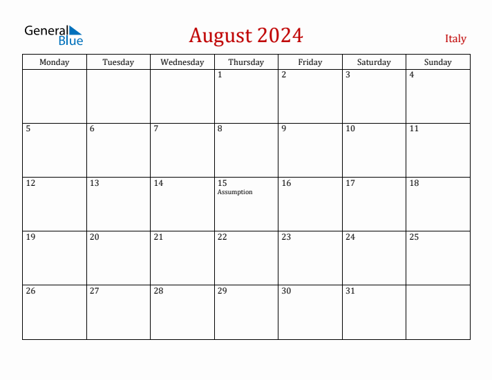 Italy August 2024 Calendar - Monday Start