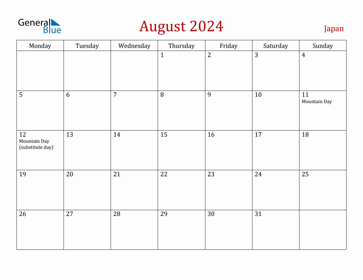 August 2024 Japan Monthly Calendar with Holidays