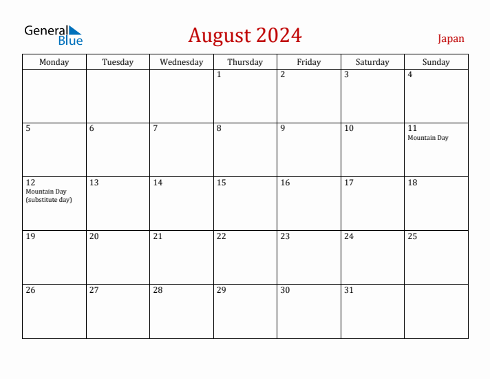Japan August 2024 Calendar - Monday Start