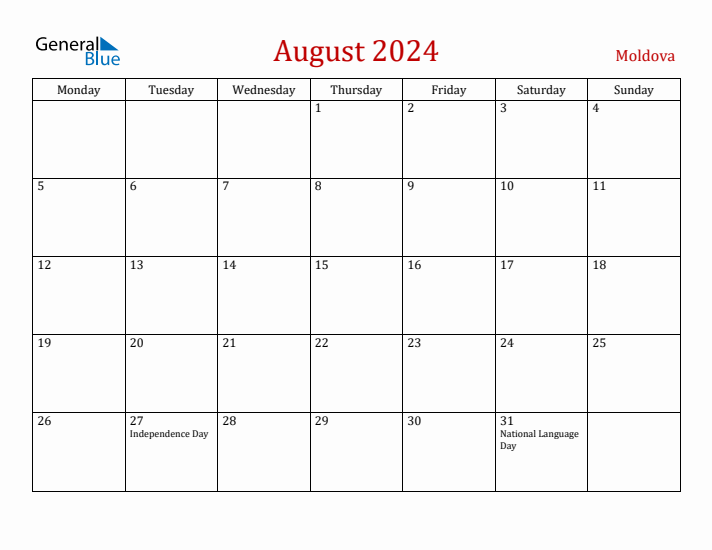 Moldova August 2024 Calendar - Monday Start
