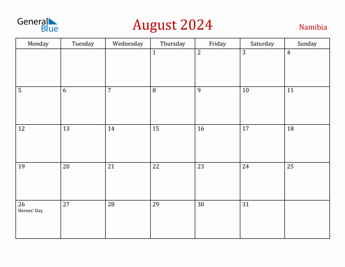 Namibia August 2024 Calendar - Monday Start